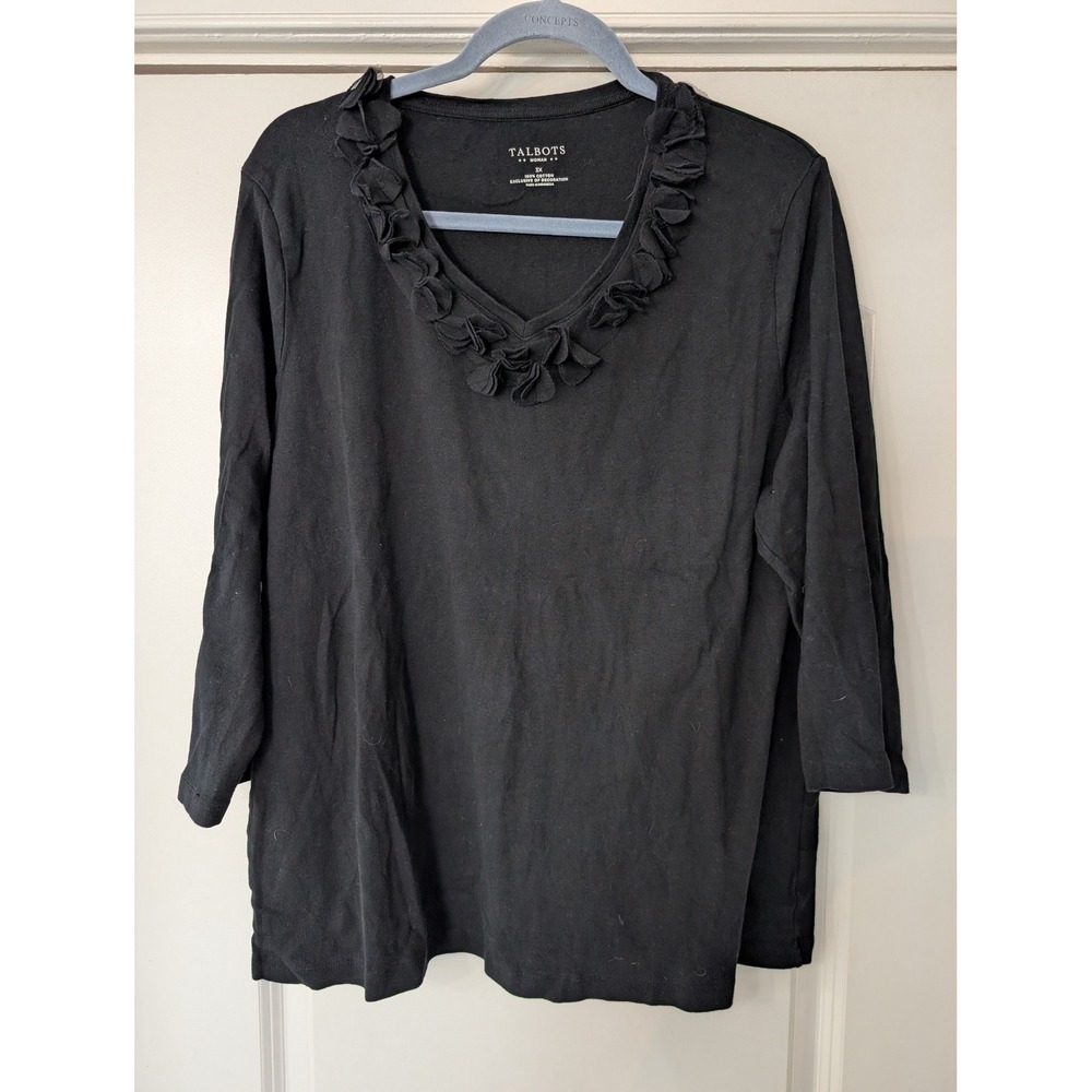 Talbots Woman Black Ruffle V-Neck Cotton Knit Top Plus Size‎ 3X coquette